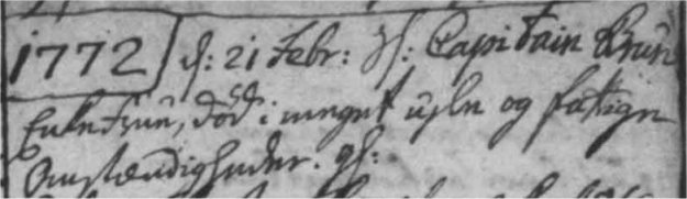 Captain Bruns Enkefrue død 1772 opsl 112